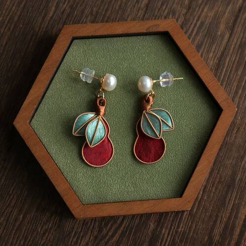 非遗掐丝绒花小葫芦耳钉手工原创典雅秋冬红色毛衣搭配新年耳饰品