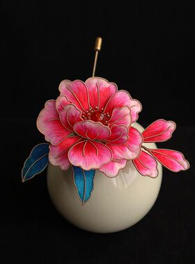古典非遗蚕丝绒花玫红胸针新中式马面裙旗袍搭配饰品典雅国风别针