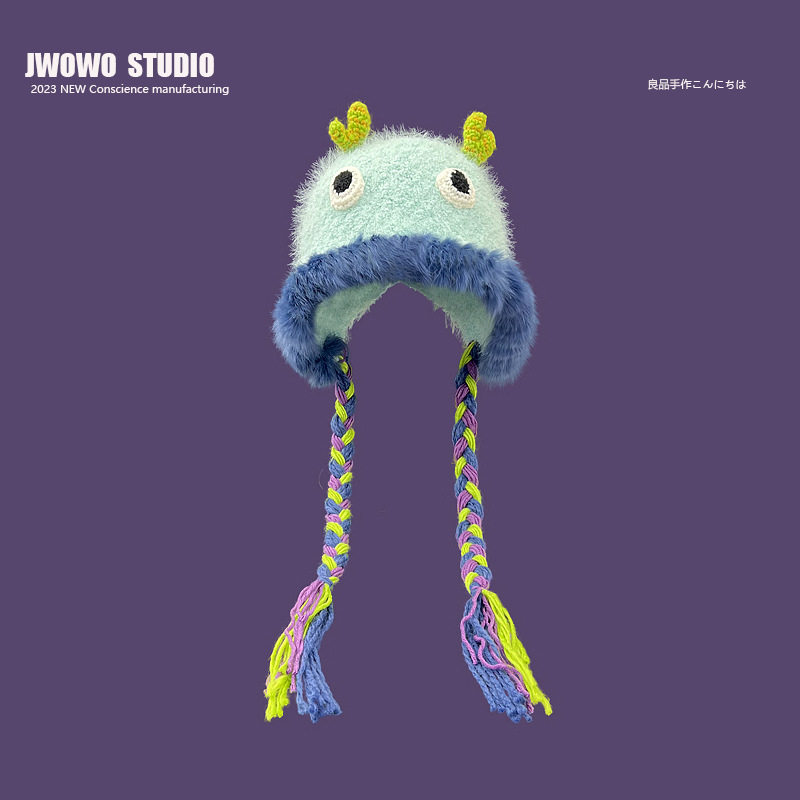 日系卡通小怪兽毛线帽女秋冬亲子款手工钩织毛绒搞怪针织护耳帽子