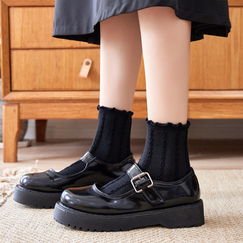 花边袜子女中筒袜ins潮春秋日系黑色蕾丝配皮鞋堆堆袜秋冬乐福鞋