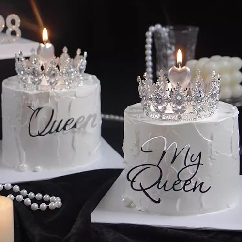 网红女王节蛋糕装饰女神冰晶银色水钻皇冠摆件MYQUEEN亚克力插件