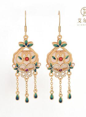国潮珐琅工艺花开富贵仿玉石流苏耳环中国风复古旗袍饰品