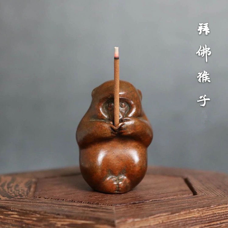 日本回流紫铜猴摆件纯铜茶宠香插生肖猴子把玩件收藏小铜器