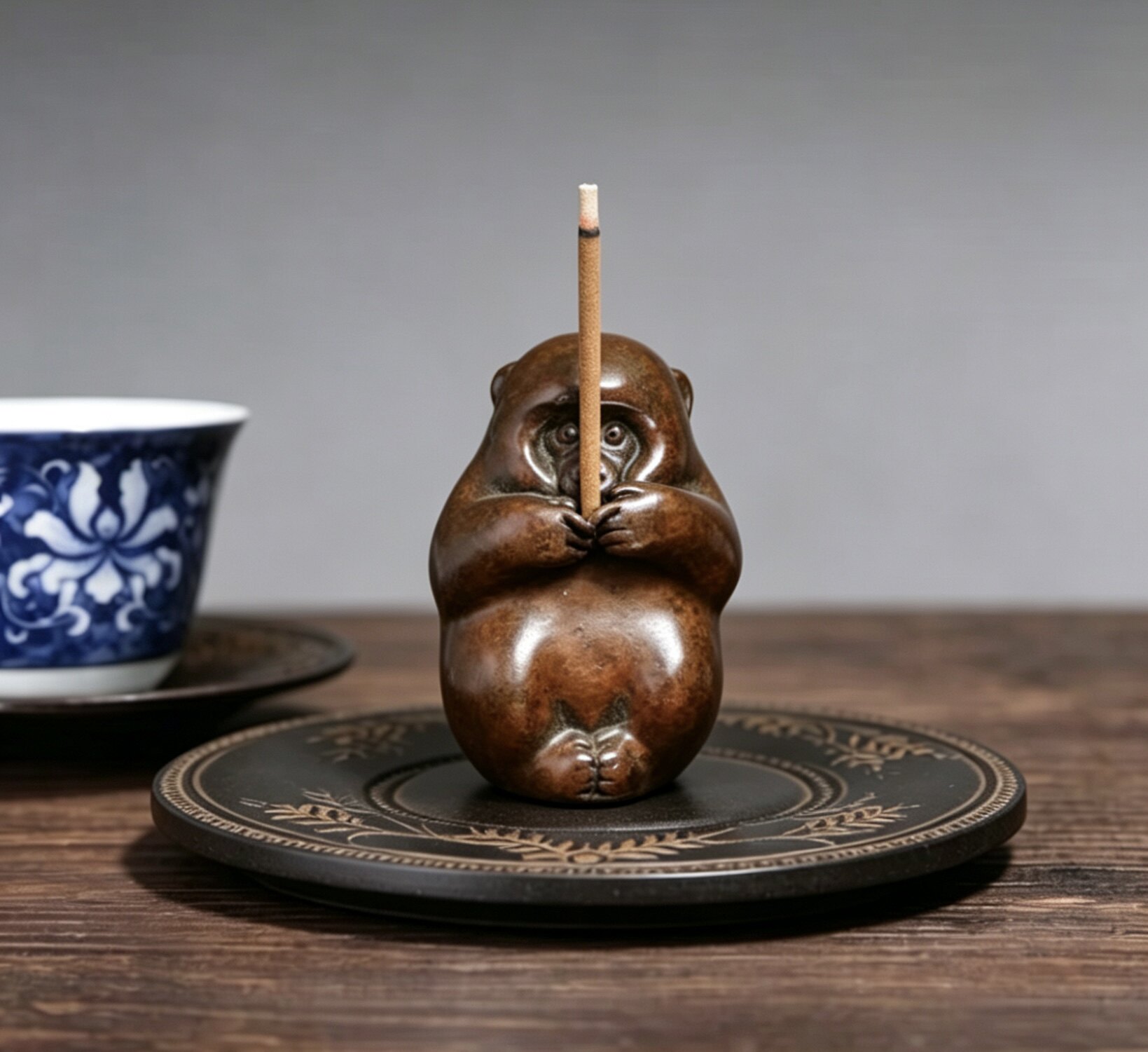 日本回流紫铜猴摆件纯铜茶宠香插生肖猴子把玩件收藏小铜器