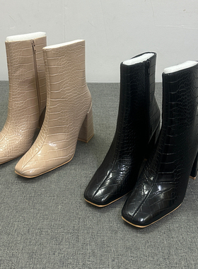 外贸2025新款欧美时尚鳄鱼纹方头粗跟短靴女百搭通勤高跟时装靴女