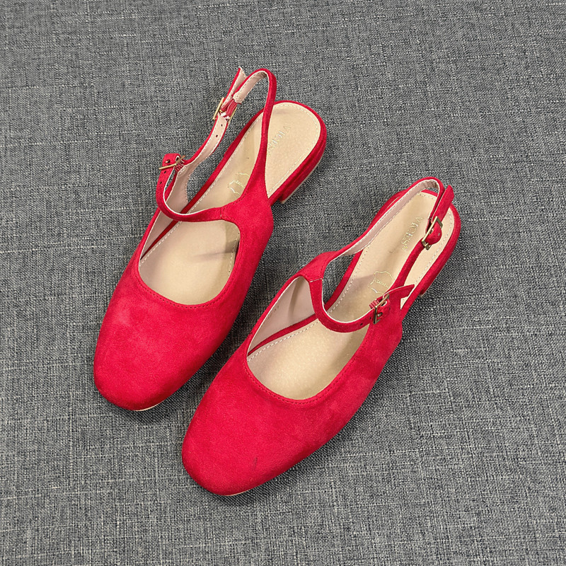 欧美温柔风红色绒面一字扣玛丽珍鞋女包头后空低跟仙女风气质单鞋,女鞋,时装凉鞋,淘宝优惠券,粉丝福利购,淘宝优惠卷