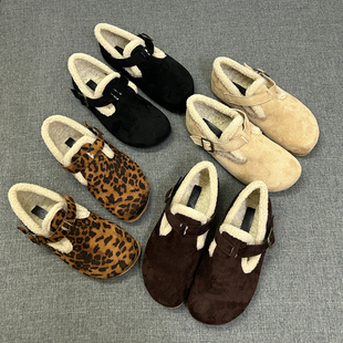 加绒勃肯鞋女外贸2025冬季新款保暖一脚蹬懒人鞋毛毛鞋平底棉单鞋