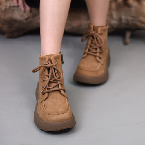 头层牛皮短靴棕色靴子