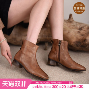 Artmu阿木原创复古粗跟加绒短靴女舒适百搭保暖女靴子2025新款