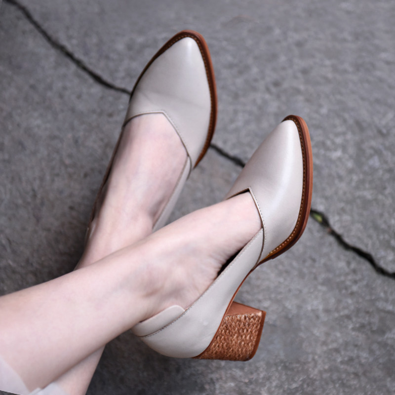 Artmu阿木原创复古高跟鞋女粗跟尖头浅口单鞋黑色皮鞋2026新款