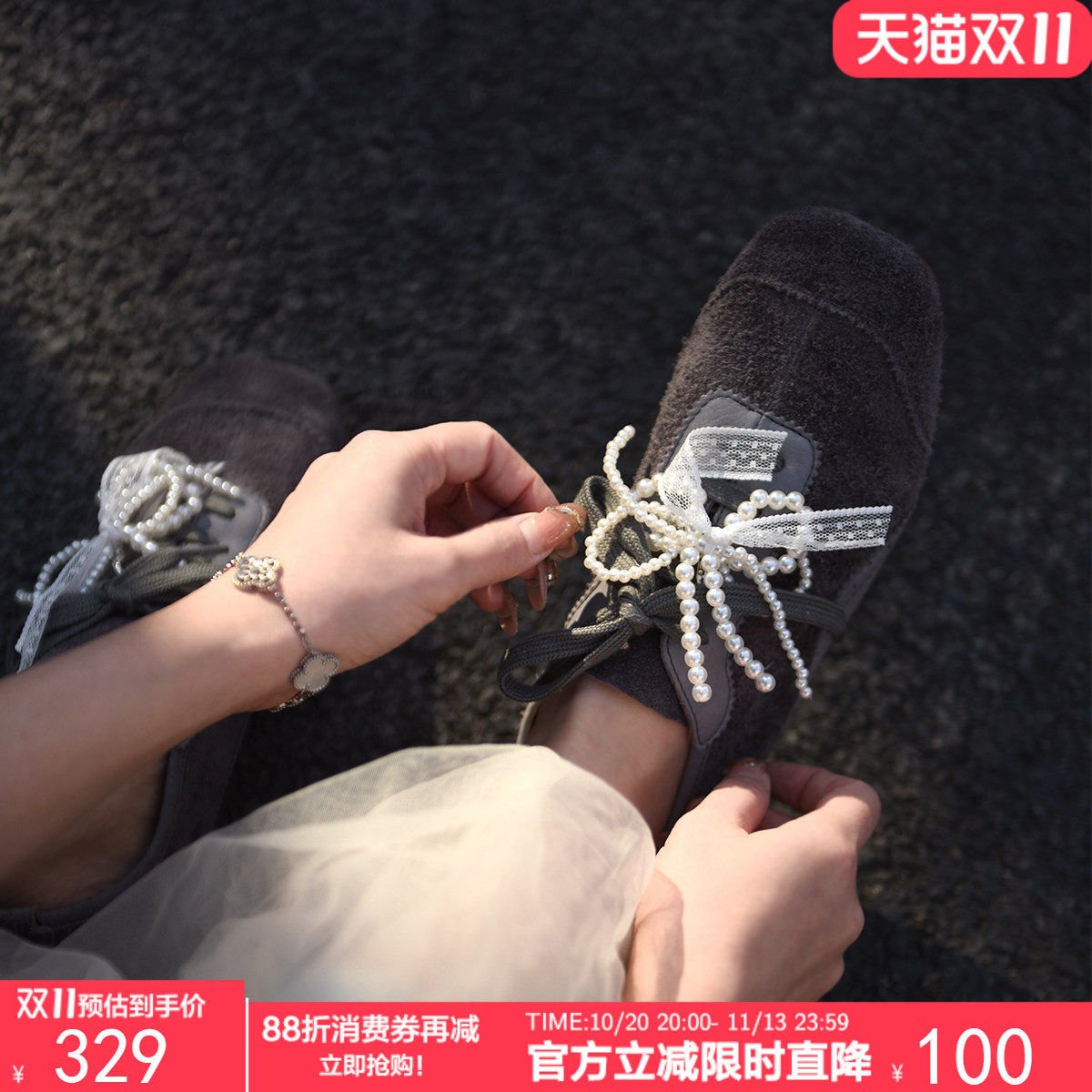 Artmu阿木牛皮2026爆款芭蕾风德训鞋珍珠蝴蝶结平底系带休闲新款
