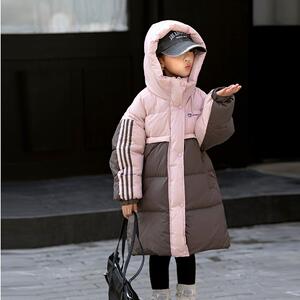 女童长款极寒羽绒服2024冬新款男童三防拼色连帽加厚90绒外套洋气