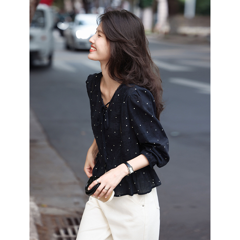 波点减龄开衫V领2025年秋季纯棉