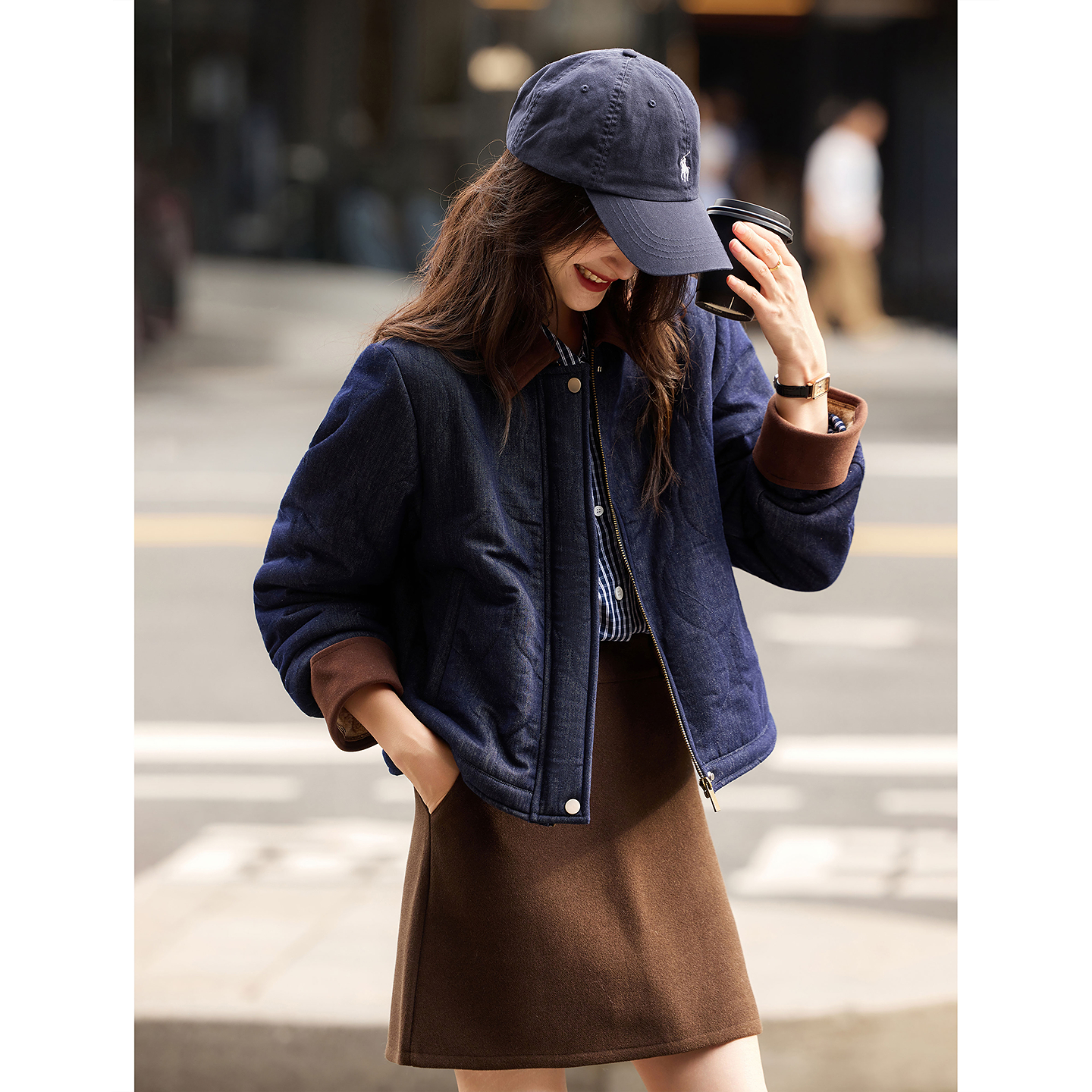 休闲撞色拼接翻领棉服