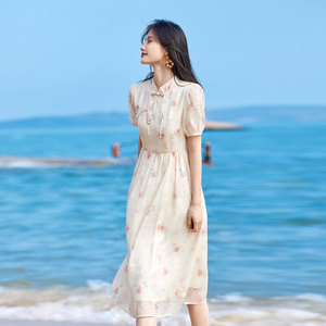 时尚气质连衣裙夏季新款女温柔收腰显瘦泡泡袖减龄仙女长裙