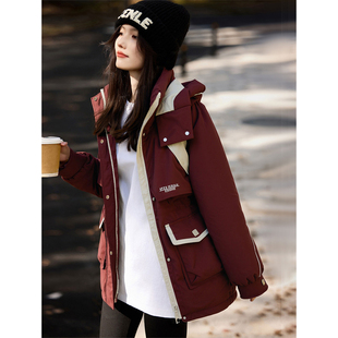 苏醒的乐园休闲撞色收腰羽绒服外套2025年冬季新款中长款厚外衣