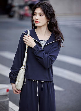 海军领卫衣长裤套装2025秋季新款休闲女装三件套装SXTZE25105