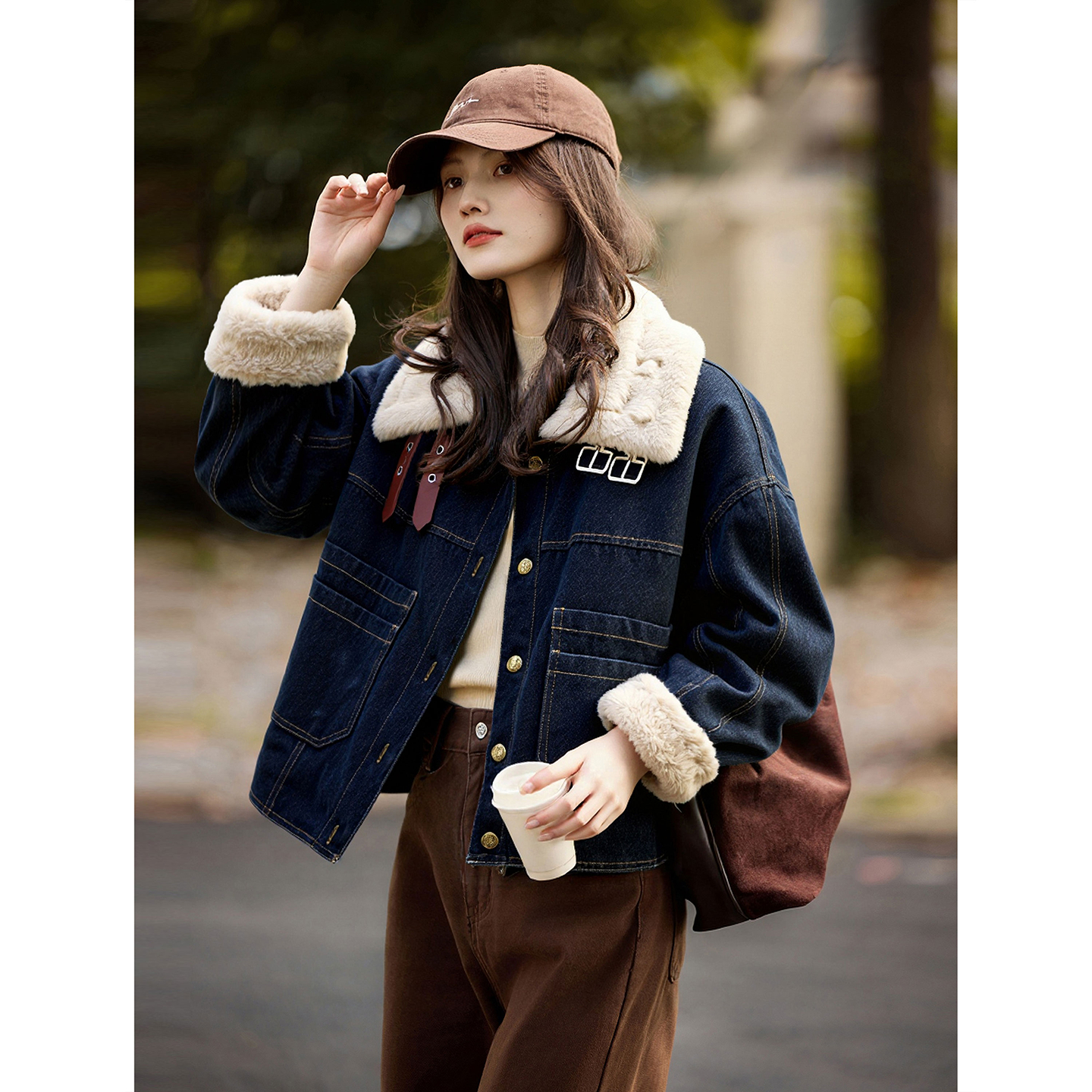 苏醒的乐园冬日加厚翻领拼接仿皮草外套保暖2025年冬季款上衣女装