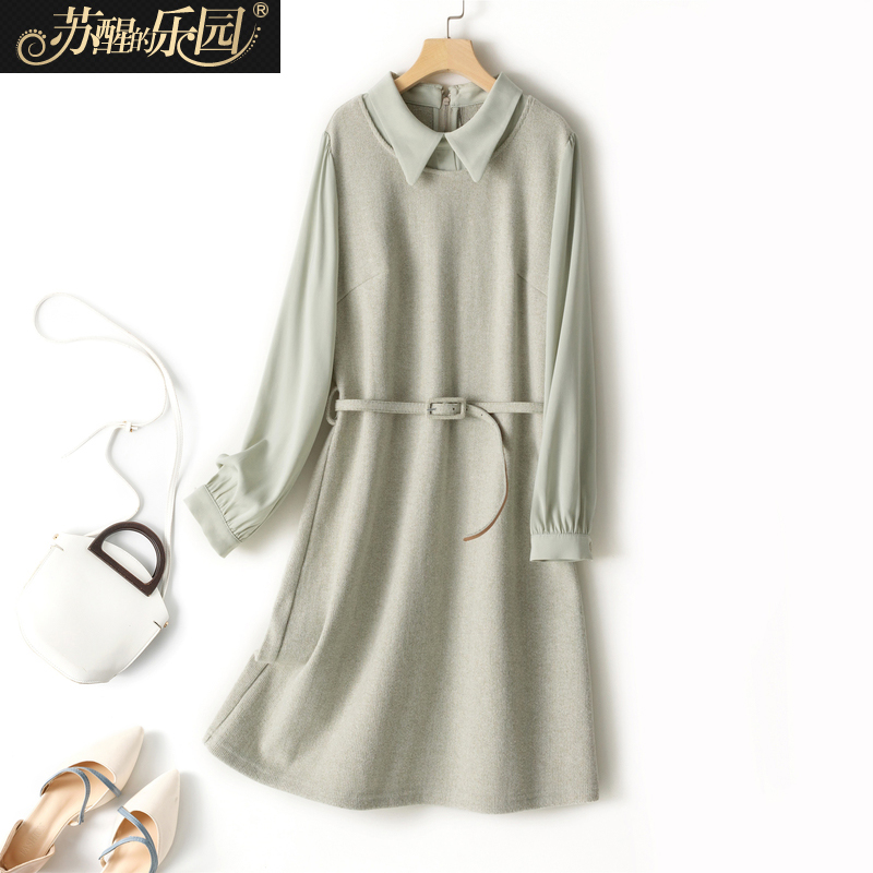 针织拼接收腰连衣裙女装秋款新款韩版气质淑女假两件文艺裙子