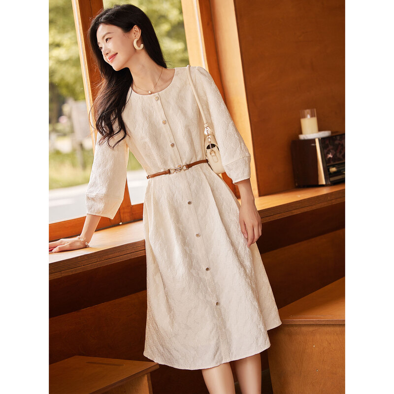 时尚气质肌理七分袖连衣裙2023年夏季新款淑女温柔显瘦中长款裙子