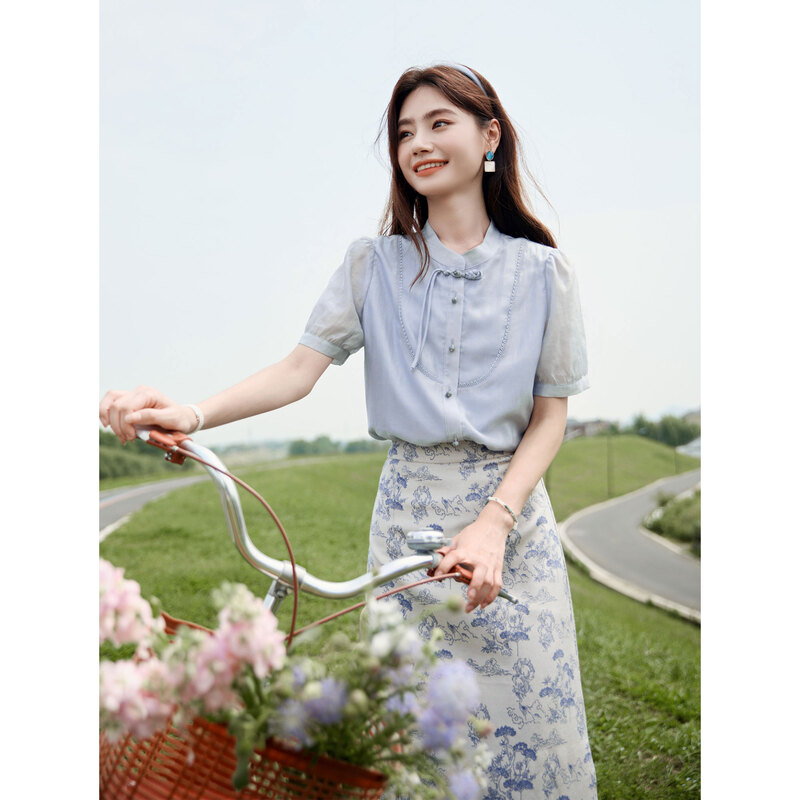 时尚气质国风休闲短袖衬衫女2024年夏季新款温柔淑女透气百搭上衣