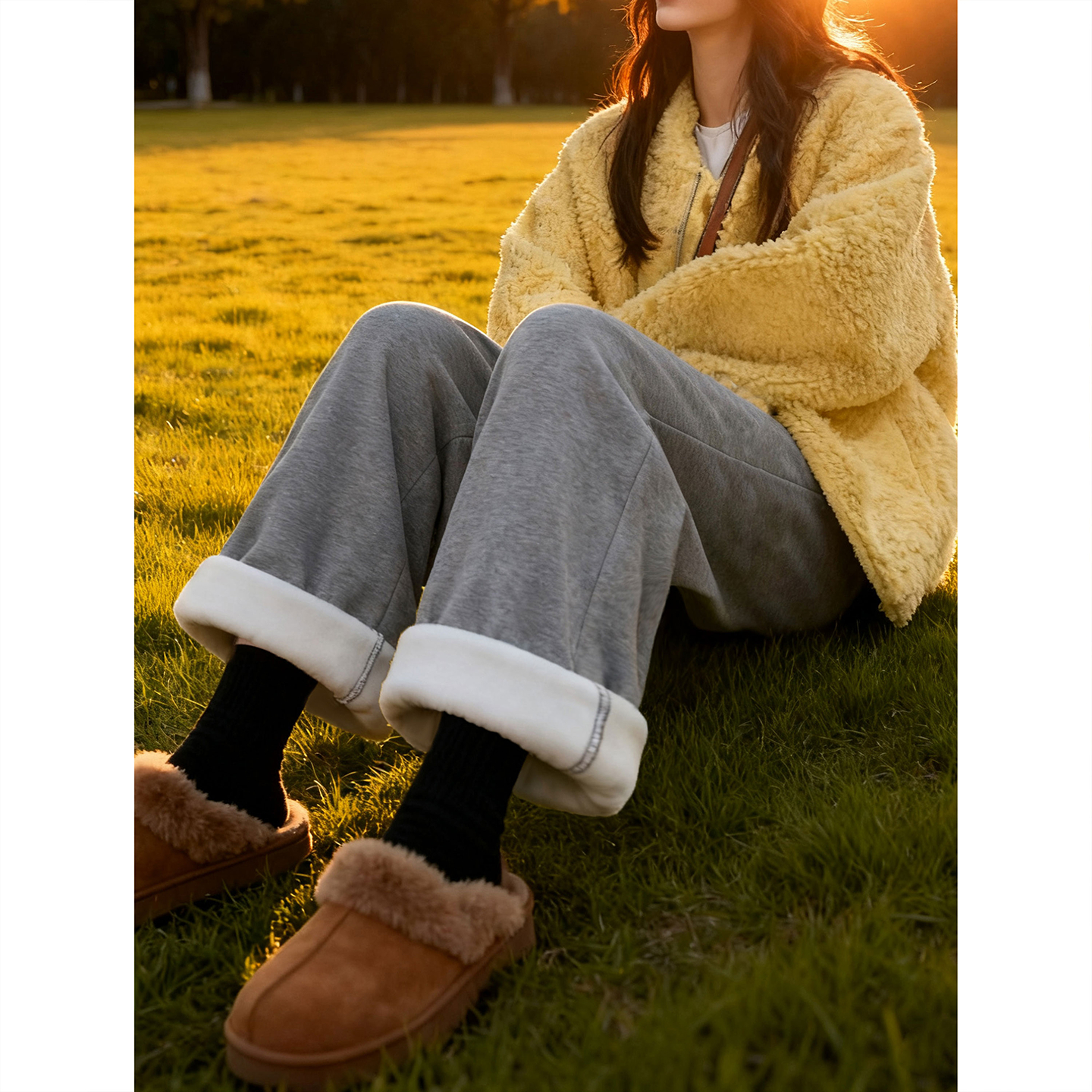 纯色百搭宽松加绒抽绳直筒长裤