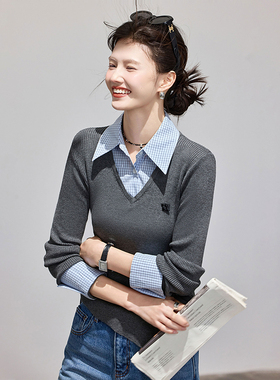 2025年秋季新款格子拼接莱赛尔针织毛衣套头衫女装上衣SXMY25026