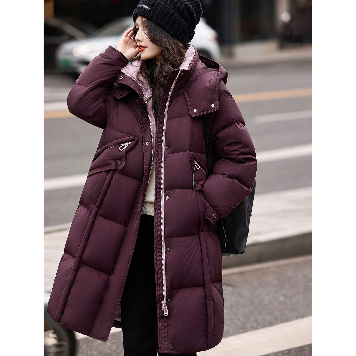 休闲加厚连帽长款羽绒服