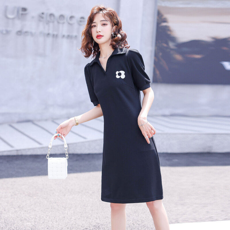 时尚气质显瘦短袖连衣裙2022年夏季新款女士休闲显瘦简约中长款裙