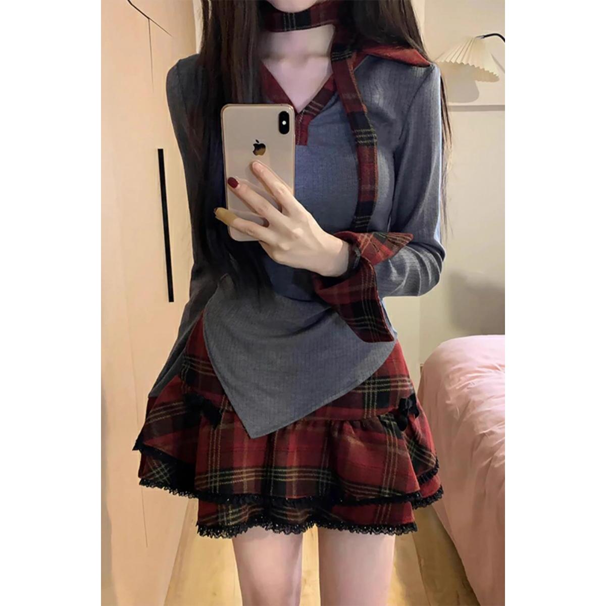早秋穿搭美式甜辣妹格子连衣裙女