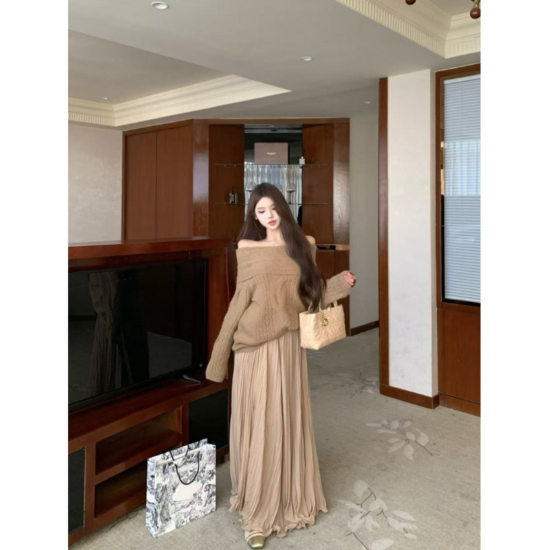 一字肩驼色麻花长袖毛衣针织衫女秋冬休闲套装a字裙半身裙两件套