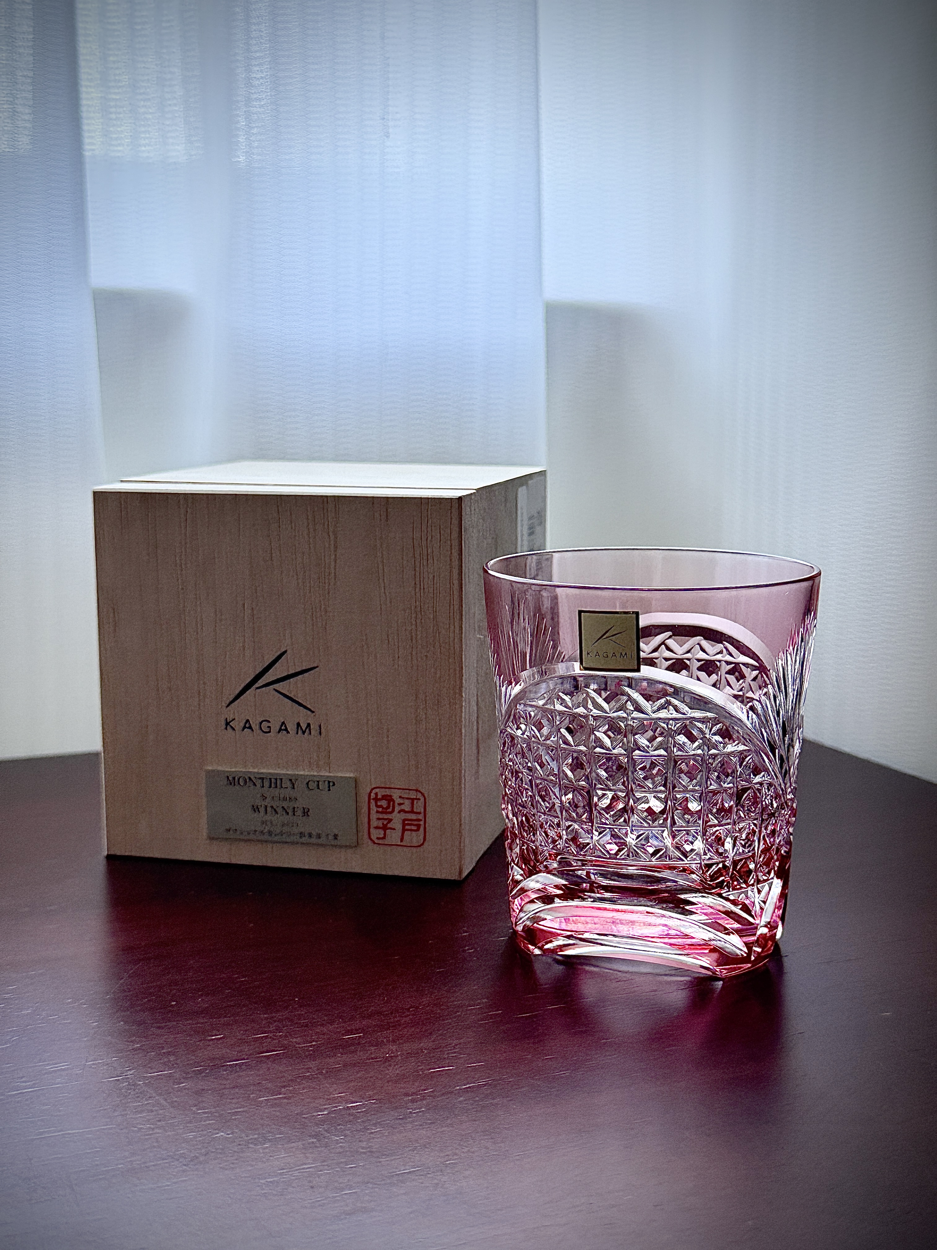 日本kagami江户切子幕襞四角笼目纹平底水晶杯威士忌杯酒杯