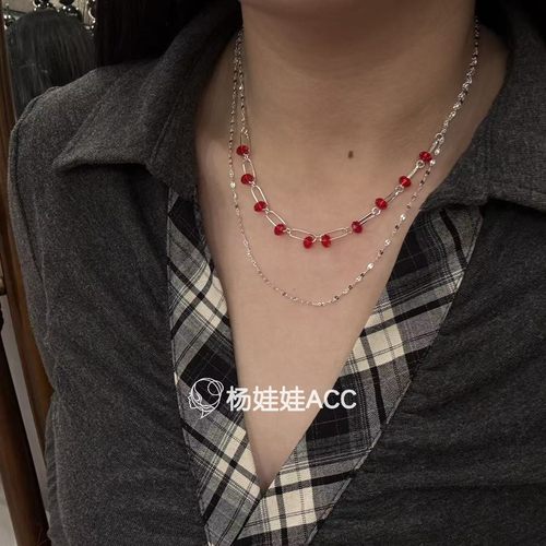 5121629韩国东大门Trois de LEI通体纯银新款双层红色珠子项链