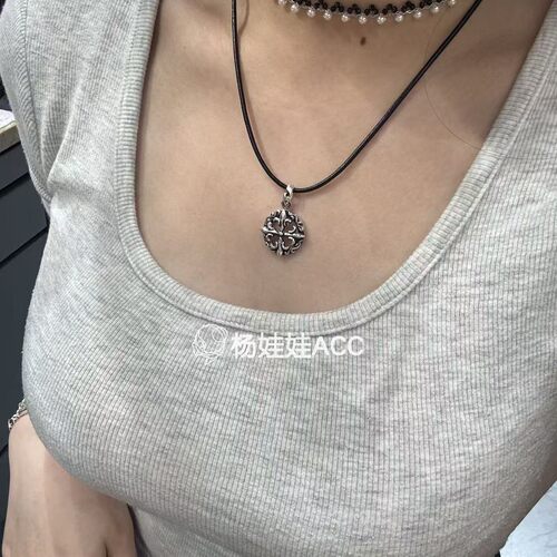 651011韩国东大门进口hey通体纯银新款精致牛皮链条吊坠项链