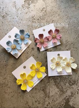 韩国东大门哑光磨砂大花朵耳钉立体甜美夸张耳环彩色甜美女190906