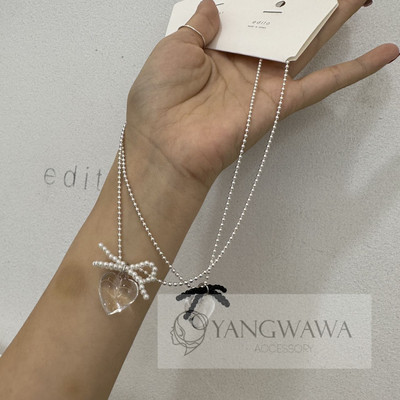 小银珠链条珍珠蝴蝶结透明心项链