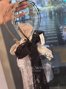 561616韩国东大门Baket新款甜美镶钻蝴蝶结蕾丝飘带发箍