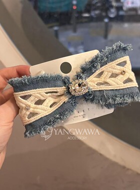550801韩国东大门Baket甜美牛仔镶钻蝴蝶结弹簧夹发夹