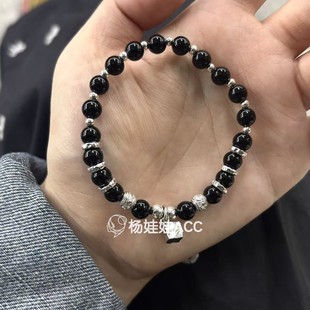 5121713韩国东大门hey通体纯银新款 高级感黑曜石小方块吊坠手链