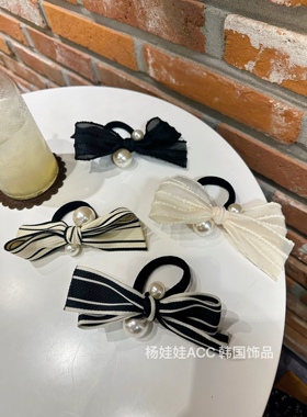 392240韩国东大门珍珠蝴蝶结发绳精致女团风条纹甜美头绳