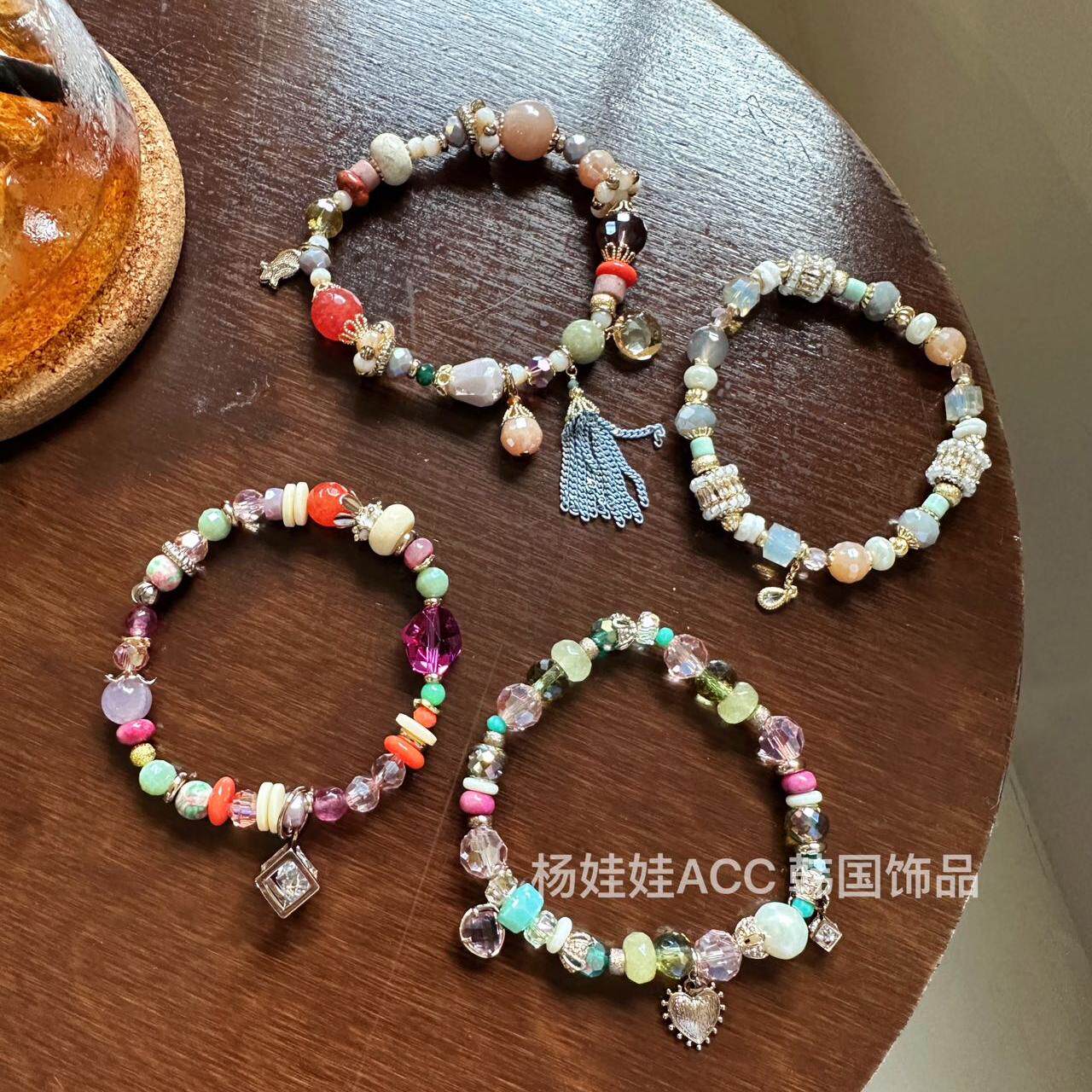 481106韩国正品代购原石串珠水晶珍珠手链流苏弹力绳双层手环复古