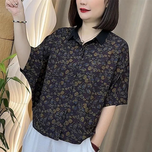 夏装新款洋气妈妈装休闲大码短袖衬衫上衣女时尚透气减龄显瘦小衫