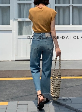 代嘉儿60535牛仔裤女2025夏季薄款直筒裤蓝色高腰弹力九分法棍裤