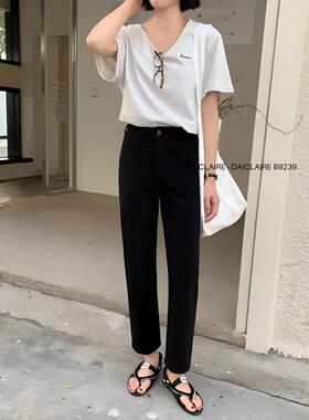 代嘉儿B9239直筒牛仔裤女2026春百搭黑色高腰显瘦弹力九分法棍裤