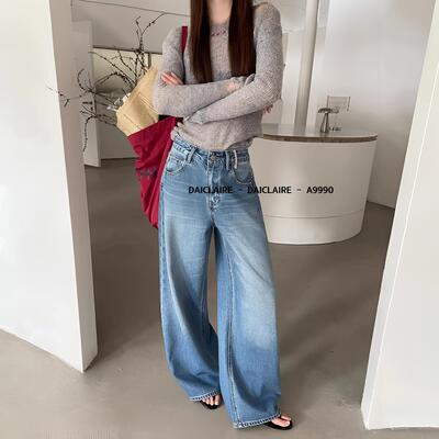 代嘉儿A9990直筒牛仔裤女春季时尚蓝色显瘦高腰宽松无弹阔腿甩裤