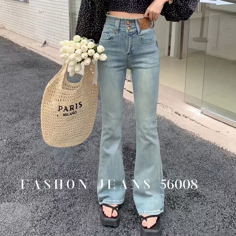 蓝舟毛边高腰微喇叭牛仔裤拖地裤