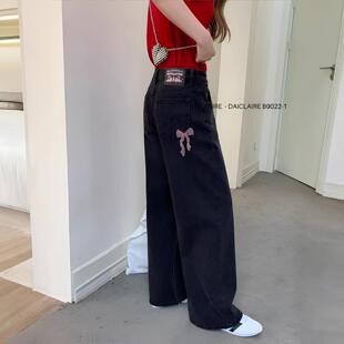 蝴蝶结无弹拖地甩裤 女黑灰高腰时尚 1显瘦阔腿牛仔裤 代嘉儿B9022