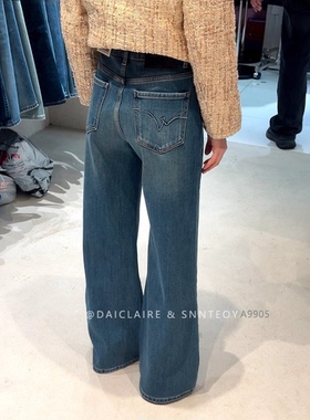 代嘉儿A9905加绒阔腿喇叭牛仔裤女冬季高腰复合绒蓝色十分筒喇裤