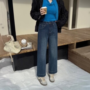 爆犀牛加绒保暖直筒牛仔裤女士冬小个子显瘦高腰九分法棍裤25821