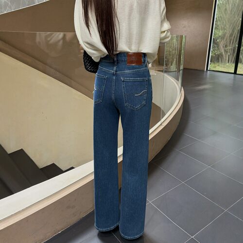代嘉儿C9600直筒牛仔裤女秋季新款深蓝色高腰弹力十分窄版阔腿裤